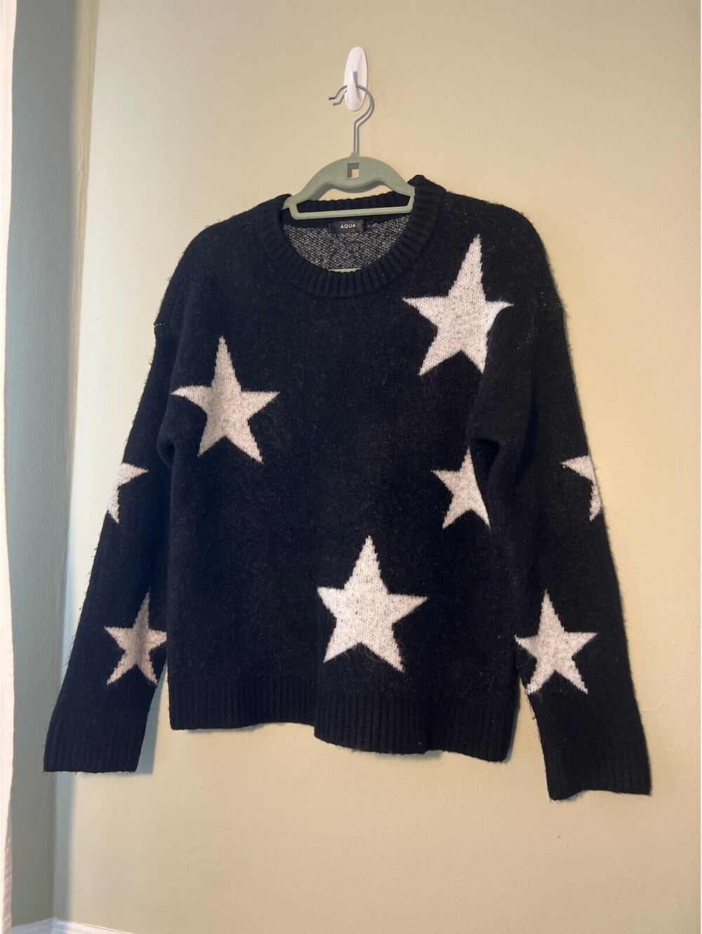 Aqua Black Star Pattern Knit Sweater Size Small